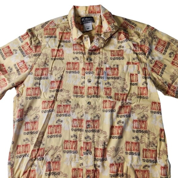 Columbia Mens Hawaiian Shirt Yellow Surf Boards Hibiscus Floral Print Size M - Picture 4 of 6